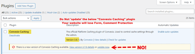 Do not Upgrade Convesio Caching Plugin to version 3.7.0 or higher