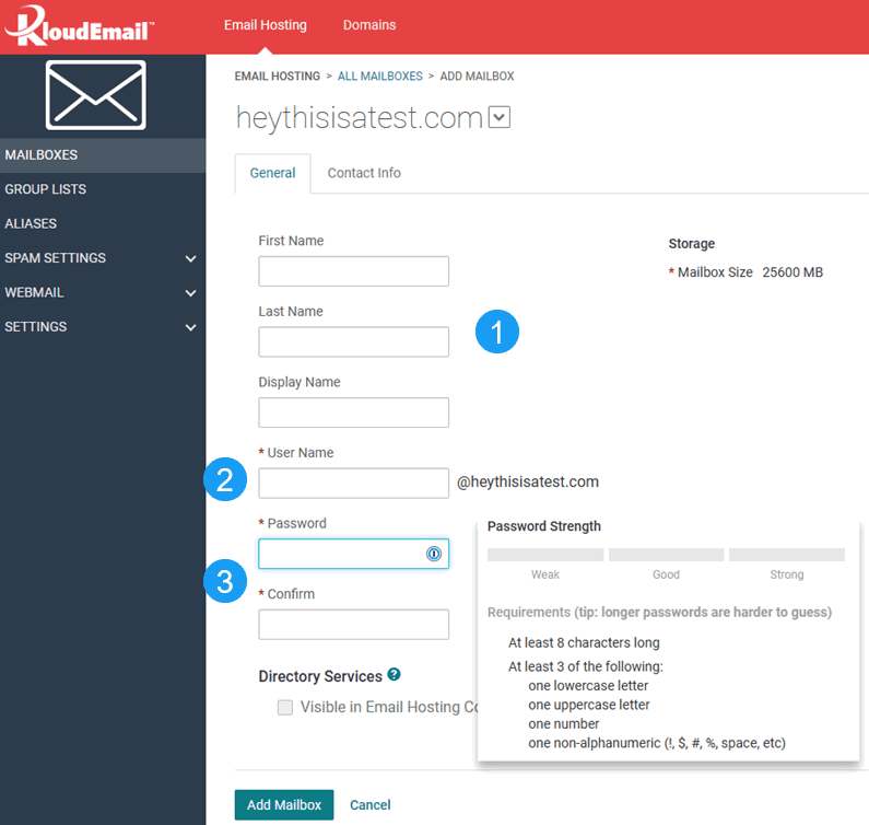 Fill in First and Last Name, the User Name for the email address and a STRONG password for this KloudEmail mailbox