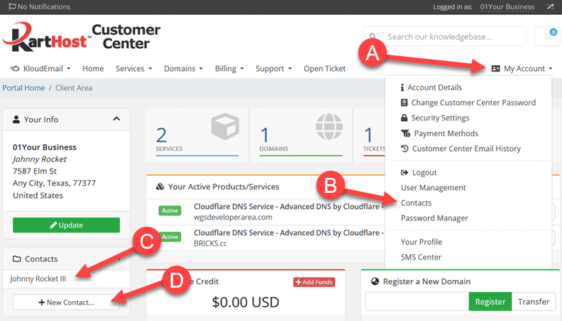 From KartHost CustomerCenter Dashboard, select Contact on the My Account.