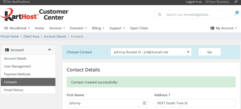 After selecting Save Changes button, you will see Contact created successfully! if new or Contact Saved is existing.