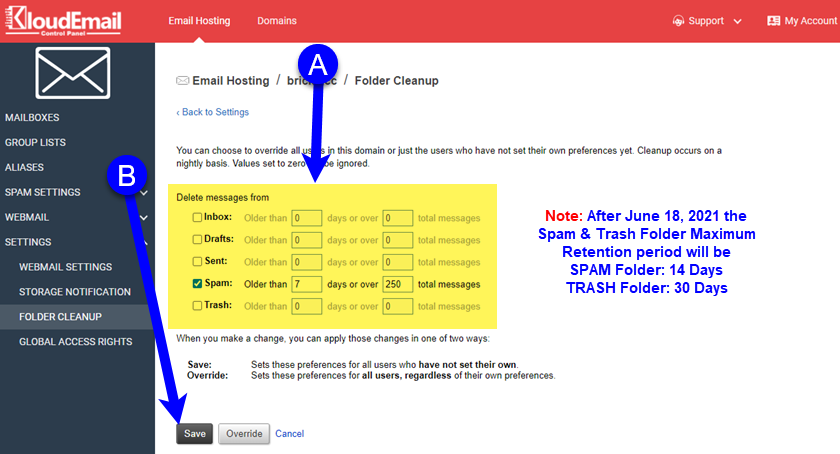 Automatic Folder Clean up using the KartHost KloudEmail Control Panel Step 03