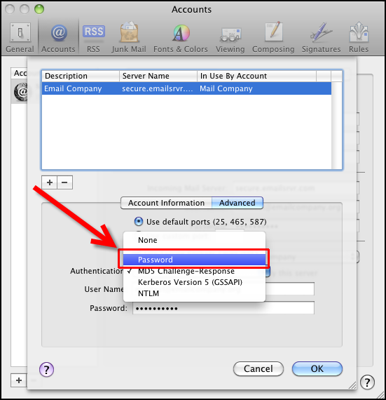 Step 4 to change MD5-Challenge to Password Authentication in Mac Mail