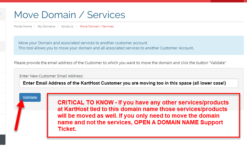 Step 6 moving Domain Name from one KartHost Customer to Another.