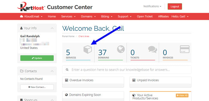 Changing your KloudEmail Mailbox Password in the KartHost Customer Center Step 1