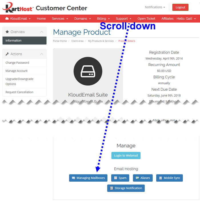 Changing your KloudEmail Mailbox Password in the KartHost Customer Center Step 3