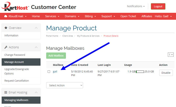 Changing your KloudEmail Mailbox Password in the KartHost Customer Center Step 4