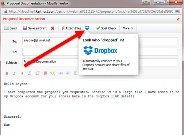 Using Dropbox to send large files of any size with KloudEmail Professional Webmail Step 1