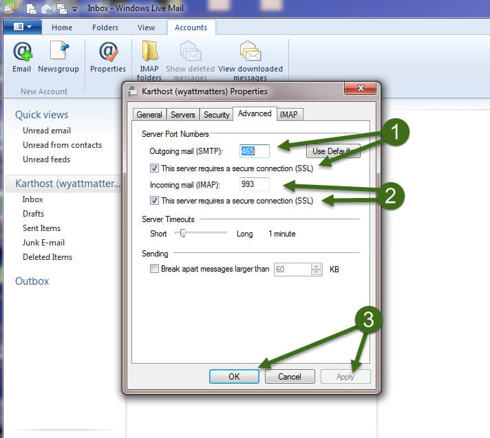 Step 7 How to Change Settings like password for your email account in Windows Live Mail Email Manager using KartHostKloud Mail Email Service