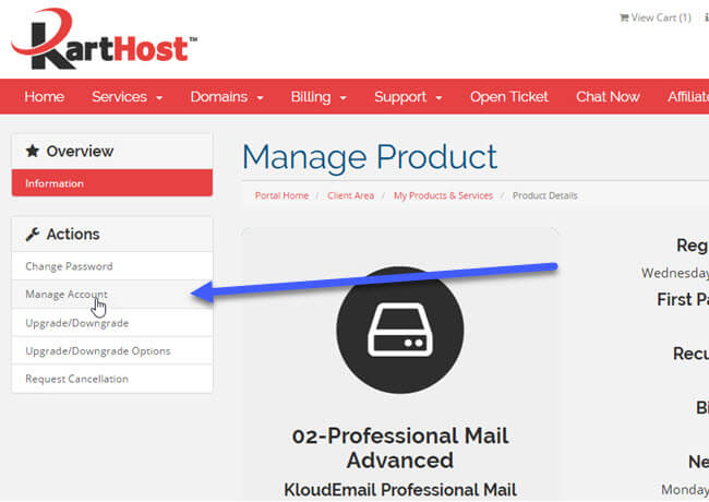 Adding a new KloudEmail Professional Mail mailbox via KartHost Customer Center Step 3