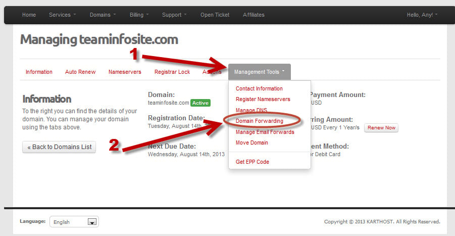 Login to KartHost Customer Center to Manage Domain Name Forwarding Step 4A
