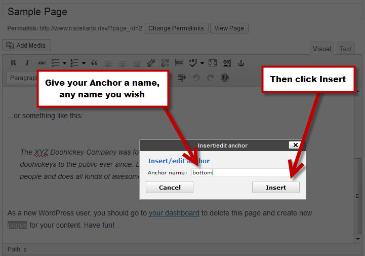 Creating an anchor using WordPress Anchor Tool