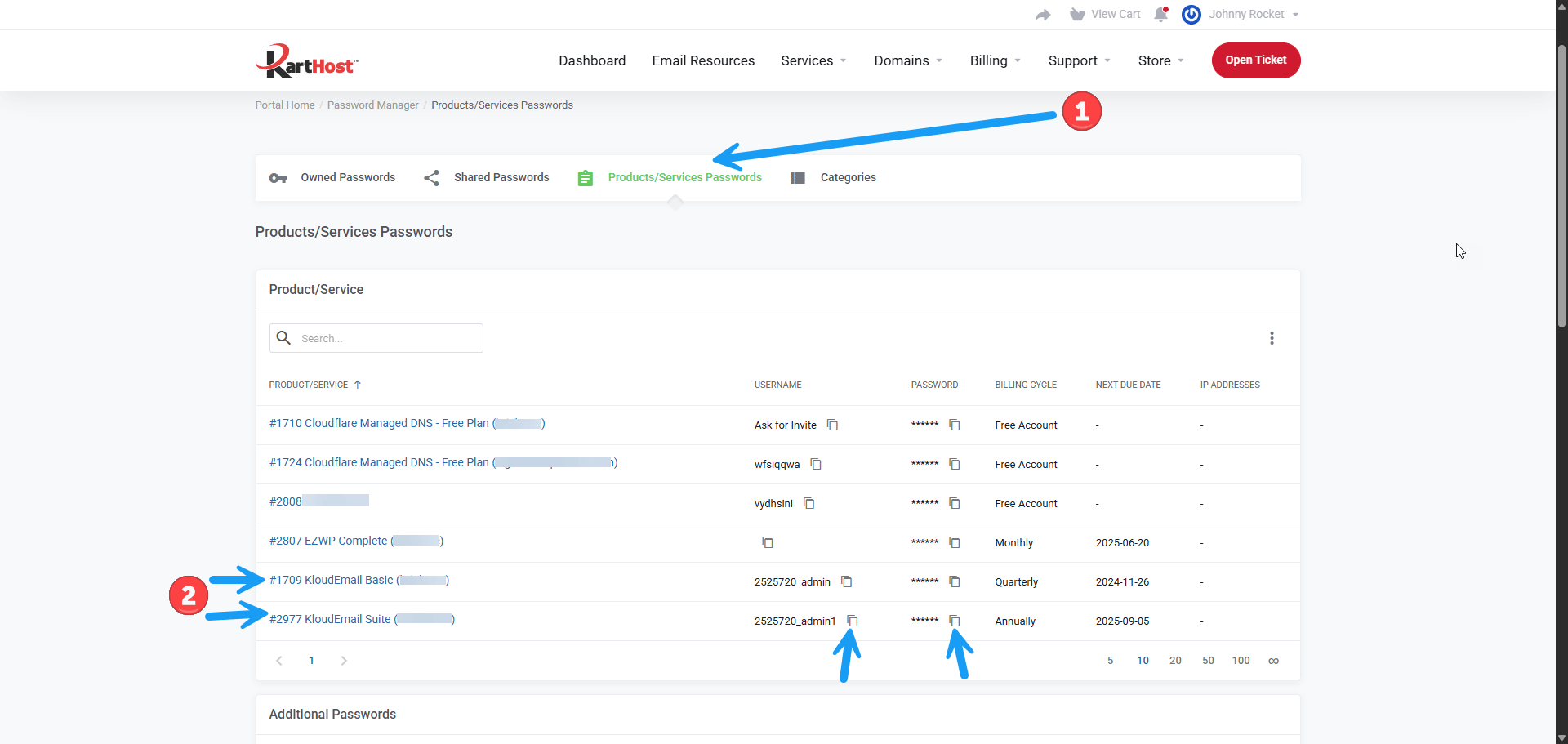 Click on the PRODUCT PASSWORDS block in the KartHost Password Manager