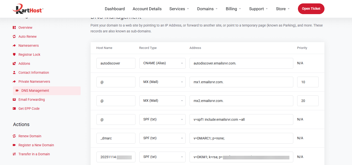 Example DNS setup in the Customer center