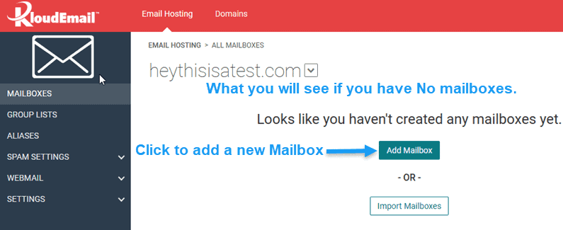 The view you will see if adding a brand new mailbox for this domain using KloudEmail Basic or Suite