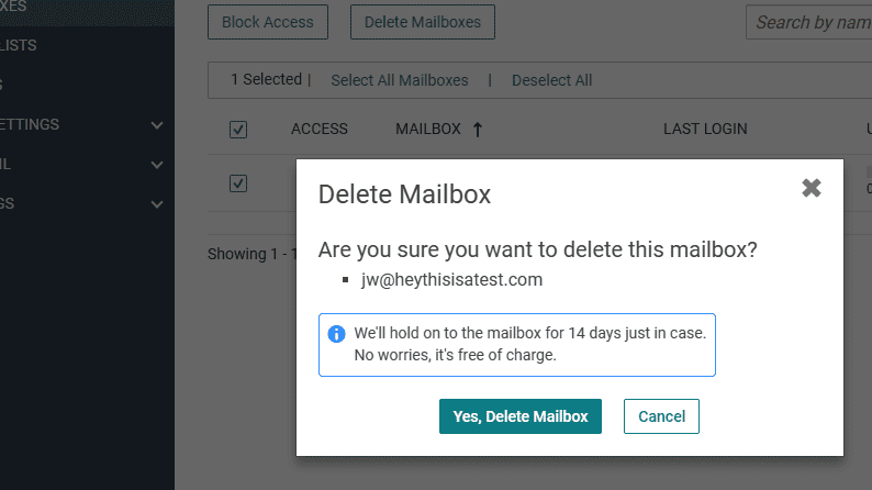 A Delete Mailbox pop up will appear confirming you wish to delete this KloudEmail Mailbox and let you know you have 14 days to restore mailbox