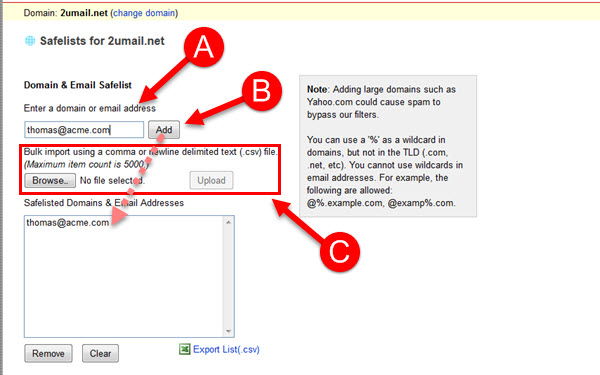 Adding an Email Address of Domain to KloudEmail Safelist Step 2