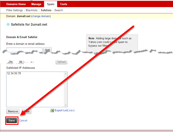 Adding an Email Address of Domain to KloudEmail Safelist Step 4