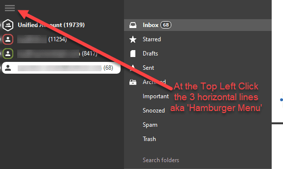 Click the Hamburger Menu Top Left in Mailbird