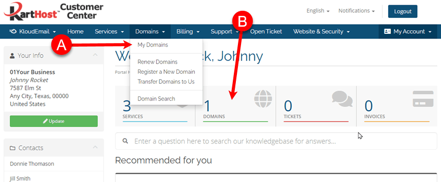 Change KartHost Registered Domain Name Name Servers to 3rd Party Name Servers Step 1