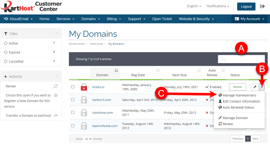 Locate your Domain name and click Manage Manage Nameservers Step 2