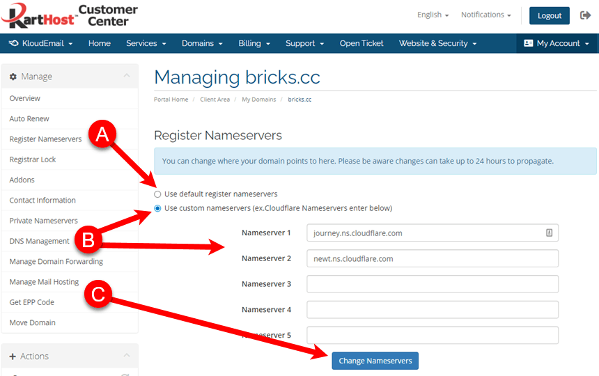 Change Name Servers with KartHost Registered Domain Name Step 3