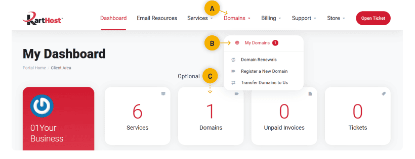 From the KartHost My Dashboard Customer Center page click Domains block