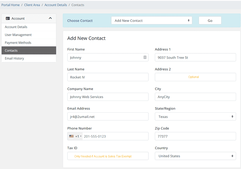 Select New Contact and a blank KartHost Customer Center Contact form will appear. Fill it all out.