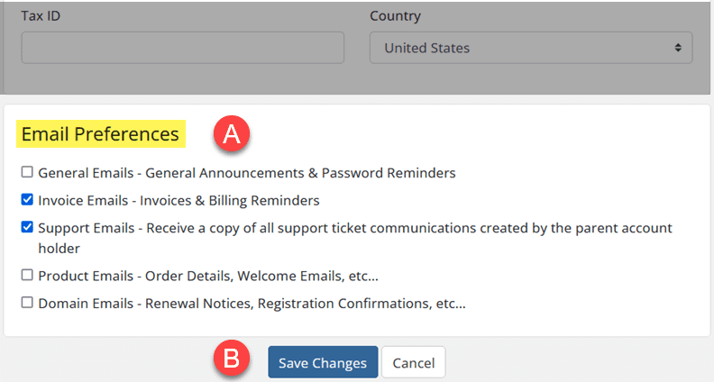 The Contact Email Preferencs need to be select. Check (or uncheck) as many as this KartHost Customer Center Contact needs.