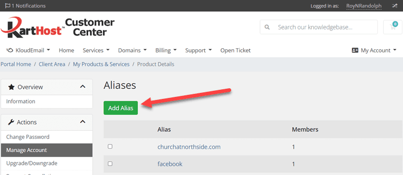 Adding a KloudEMail Email Alias via KartHost Customer Center - Step 4 Click green Add Alias button
