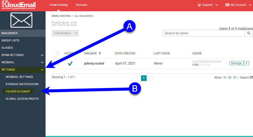 Automatic Folder Clean up using the KartHost KloudEmail Control Panel Step 02