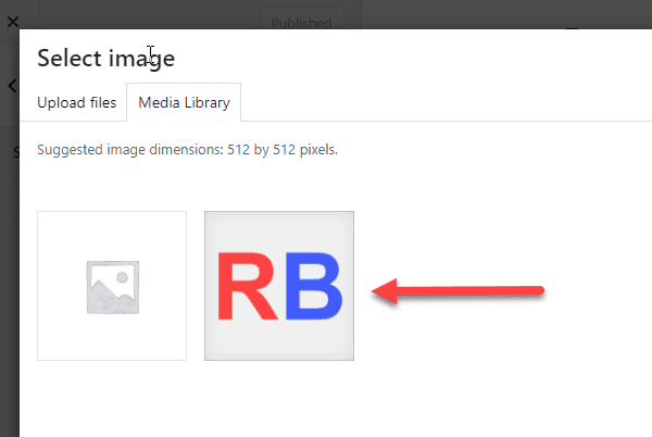 Once the WordPress Media Library opens, select the minimum 512 x 512 pixel image you plan to use.