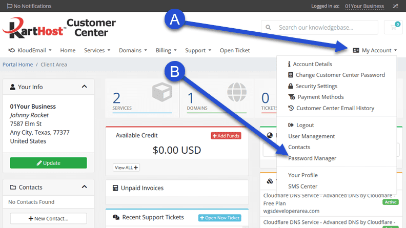 Locating the KartHost Password Manager on KartHost Customer Center Navigation.