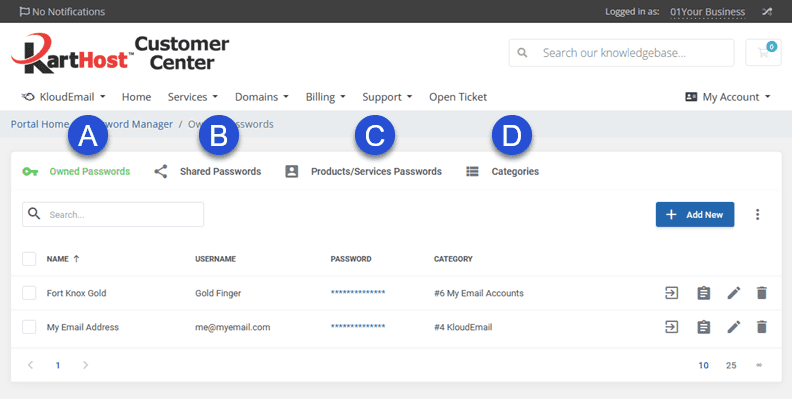 There are 4 areas of the KartHost Password Manager