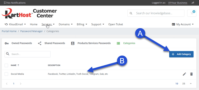 KartHost Password Manager Categories