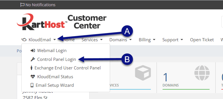 Accessing KloudEmail Control Panel via your KartHost Customer Center Account