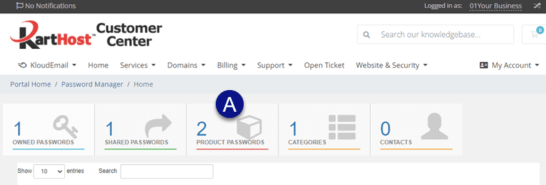 Click on the PRODUCT PASSWORDS block in the KartHost Password Manager