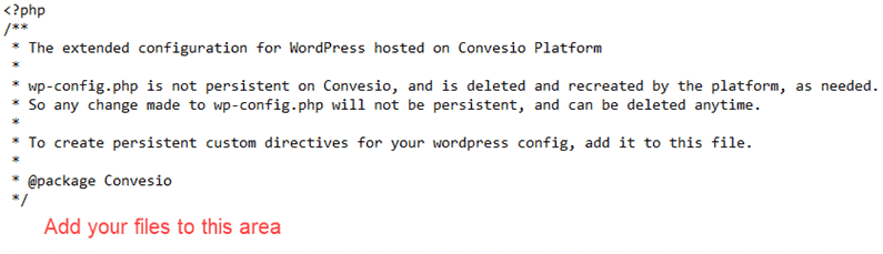 Add all custom coding you would normally add to the wp-config.php file, instead to the wp-convesio.php file at KartHost