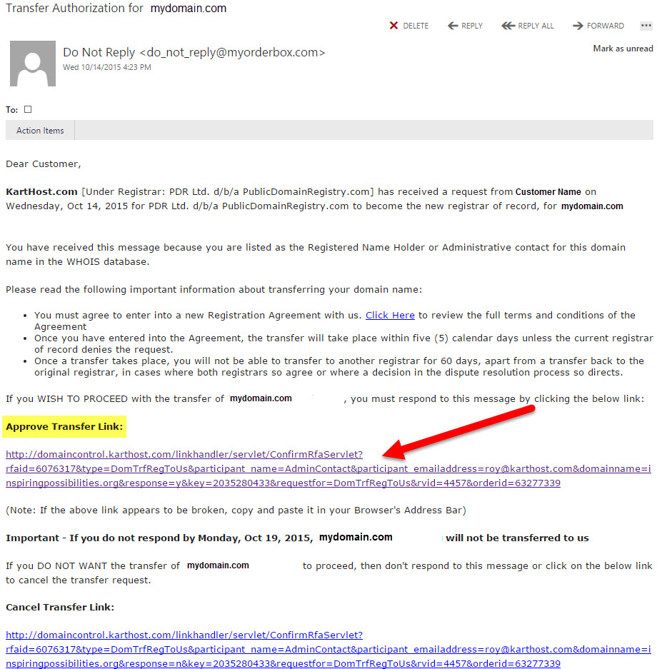 Transfer Authorization Approval EMail for Domain Name Transfer at KartHost