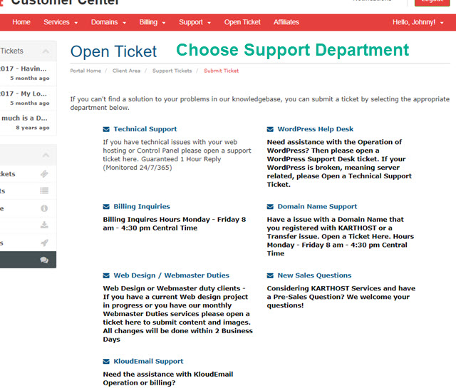 Select the Support Department in the KartHost Customer Center when Opening a Support Ticket