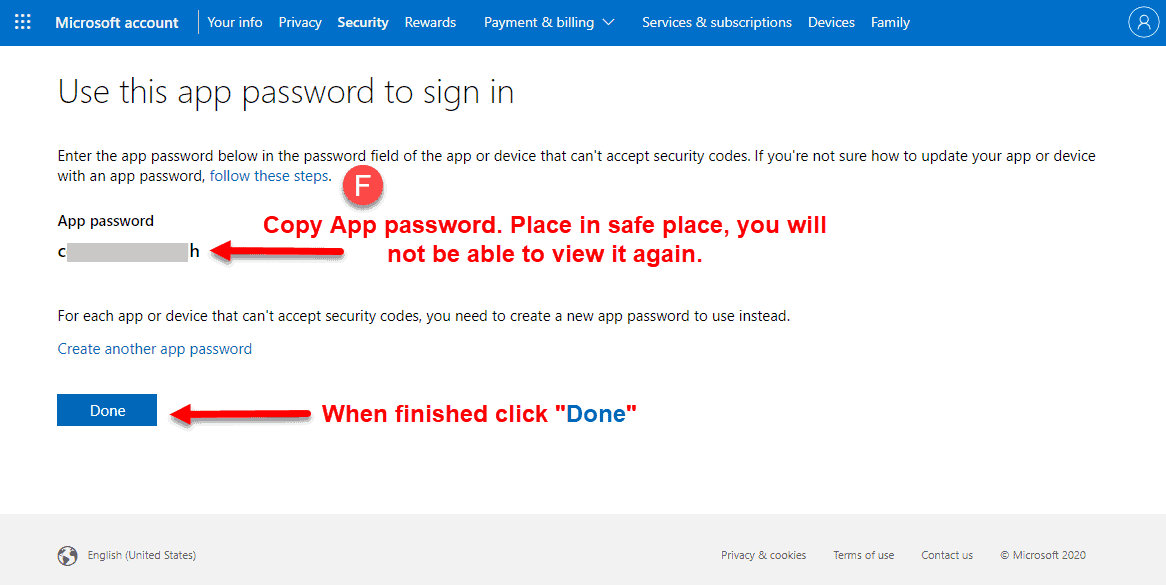 Outlook.com App Password Generation How To Step 6 