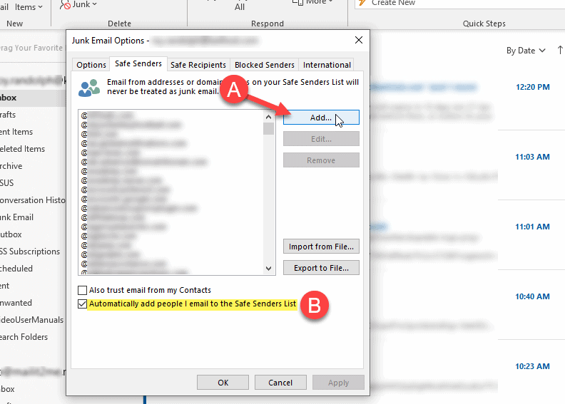 Outlook Safe Senders list click Add button