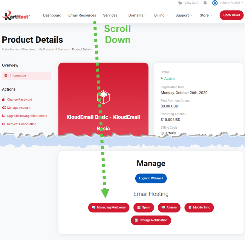 Changing your KloudEmail Mailbox Password in the KartHost Customer Center Step 3