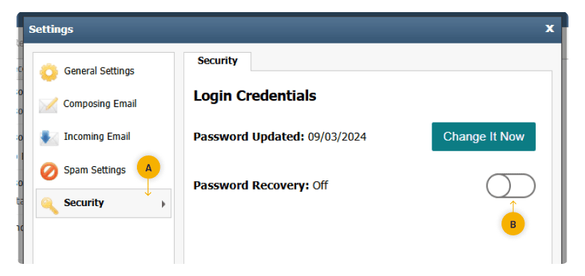 Click Security -> On the Security tabl click "Password Recorver toggle to on.