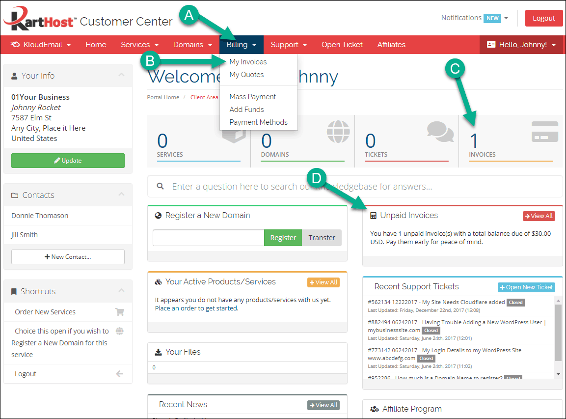 Step 1 Paying your invoice in your KartHost Customer Center