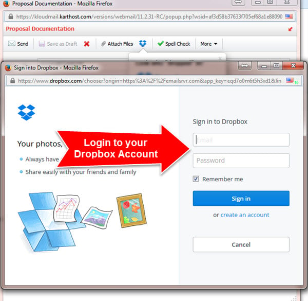 Using Dropbox to send large files of any size with KloudEmail Professional Webmail Step 2