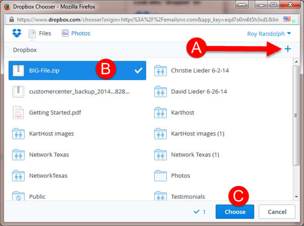 Using Dropbox to send large files of any size with KloudEmail Professional Webmail Step 3