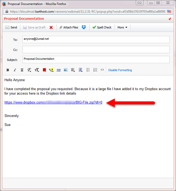 Using Dropbox to send large files of any size with KloudEmail Professional Webmail Step 4