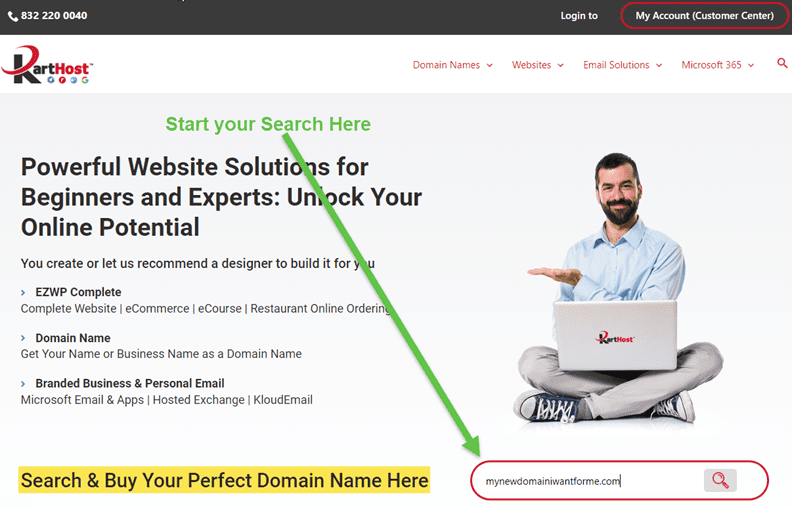 On KartHost.com home page locate the domain name search field, and enter your desired domain name. Then click the search icon.