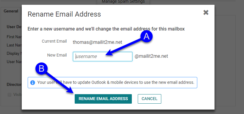 KloudEmail Control Panel Renaming KloudEmail Mailbox Usernames Step 5