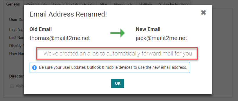 KloudEmail Control Panel Renaming KloudEmail Mailbox Usernames Step 6